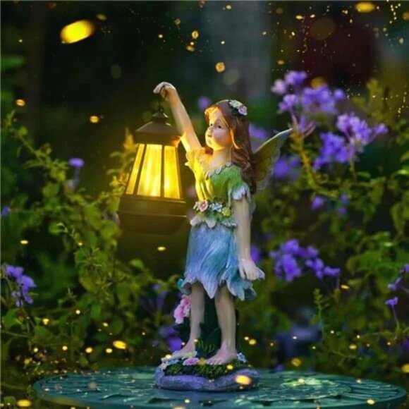 Fairy Garden Statue Solar Garden Fairy with Lantern Light Outdoor Garden